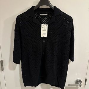 NWT - Zara - Black Lace Short Sleeve Button Down - XL